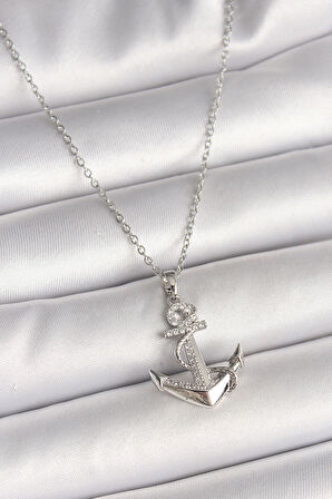 316L Çelik Gümüş Renk Zincir Zirkon Taş Detaylı Çapa Model Kadın Kolye SL11068