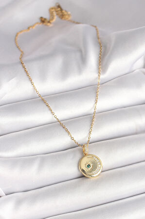 316L Çelik Gold Renk Zincir Zirkon Taş İşlemeli Hilal Yıldız İşlemeli Madalyon Model Kadın Kolye SL11069