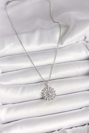 316L Çelik Gümüş Renk Zincir Zirkon Taşlı Güneş Model Kadın Kolye SL11084