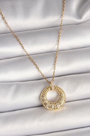 316L Çelik Gold Renk Zincir Zirkon Taş İşlemeli Daire Model Kadın Kolye SL11085