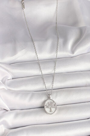 316L Çelik Gümüş Renk Zincir Zirkon Taş İşlemeli Beyaz Mineli Ağaç İşlemeli Portre Model Kadın Kolye SL11100