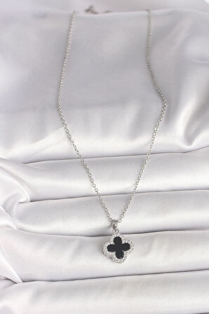 316L Çelik Gümüş Renk Zincir Zirkon Taşlı Yonca Model Kadın Kolye SL11108