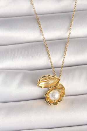 316L Çelik Gold Renk Zincir Açılır İncili Midye Model Kadın Kolye SL11111