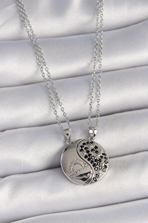 316L Çelik Gümüş Renk Zincir Zirkon Taşlı Ying Yang Model Gün Batımı İşlemeli Arakdaşlık Kadın Kolye SL11449