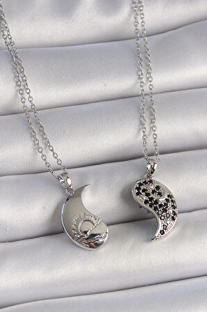 316L Çelik Gümüş Renk Zincir Zirkon Taşlı Ying Yang Model Gün Batımı İşlemeli Arakdaşlık Kadın Kolye SL11449