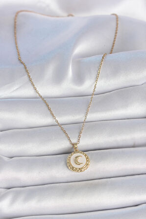 316L Çelik Gold Renk Zincir Beyaz Mineli Hilal İşlemeli Madalyon Model Kadın Kolye SL11456