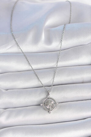316L Çelik Gümüş Renk Zincir Zirkon Taşlı Pusula Model Kadın Kolye SL11459