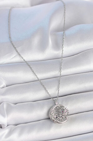 316L Çelik Gümüş Renk Zincir Ay Güneş Model Zirkon Taş Detay Kadın Kolye SL11477