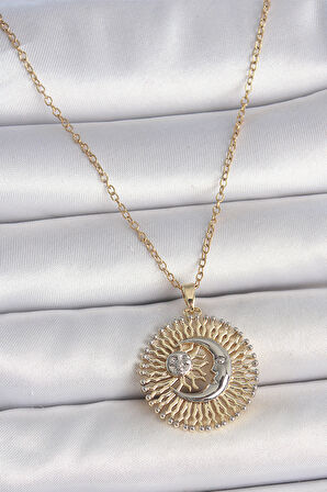 316L Çelik Gold Renk Mix Renk Ay Güneş Model Kadın Kolye SL11583