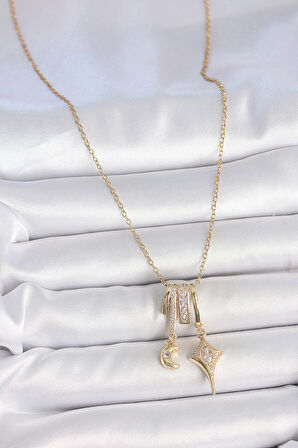 316L Çelik Gold Renk Zirkon Taşlı Sallantı Ay Yıldız Figür Charm Kadın Kolye SL11589