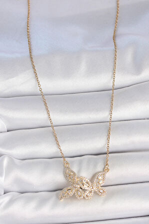 316L Çelik Gold Renk Zincir Zirkon Taşlı Kelebek Model Kadın Kolye SL11593