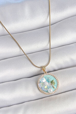 316L Çelik Gold Renk Zincir Zirkon Taş Detaylı Mavi Mineli Çiçek İşlemeli İnci Detay Kadın Kolye SL11672