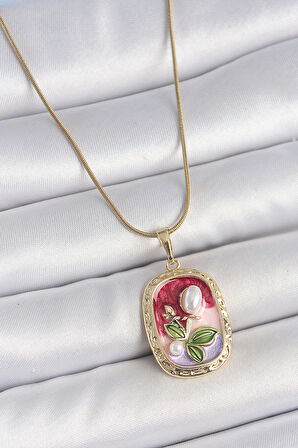 316L Çelik Gold Renk Zincir Mix Renk İncili Çiçek İşlemeli Portre Model Kadın Kolye SL11689