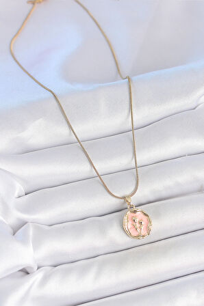 316L Çelik Gold Renk Zincir Pembe Mineli Çiçek İşlemeli Portre Model Kadın Kolye SL11700