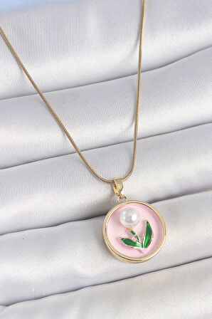 316L Çelik Gold Renk Zincir Pembe Mineli İncili Çiçek İşlemeli Portre Model Kadın Kolye SL11705
