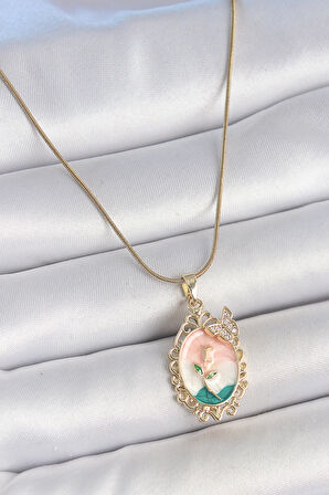 316L Çelik Gold Renk Zincir Mix Renk Çiçek İşlemeli Zirkon Taş Detaylı Portre Model Kadın Kolye SL11717
