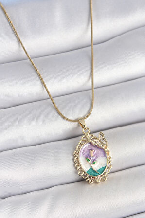 316L Çelik Gold Renk Zincir Mix Renk Mineli Çiçek İşlemeli Zirkon Taş Detaylı Portre Model Kadın Kolye SL11719