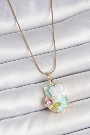 316L Çelik Gold Renk Zincir Mavi Mineli İncili Çiçek İşlemeli Portre Model Kadın Kolye SL11722