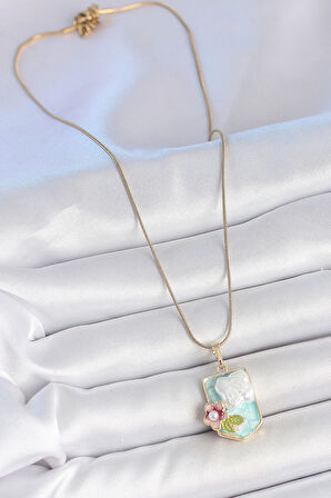 316L Çelik Gold Renk Zincir Mavi Mineli İncili Çiçek İşlemeli Portre Model Kadın Kolye SL11722