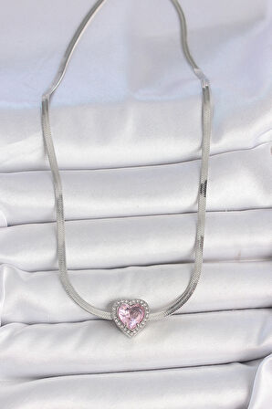 316L Çelik Gümüş Renk İtalyan Zincir Pembe Zirkon Taşlı Kalp Model Kadın Kolye SL11607