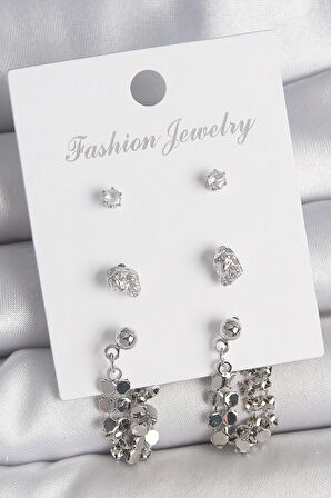 Pirinç Gümüş Renk Zirkon Taşlı Pullu Sallantılı Model 3 Çift Kadın Küpe Seti SL11853