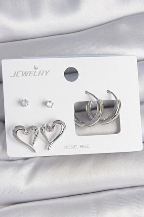 Pirinç Gümüş Renk Zirkon Taşlı Halka Model Kalp Detay 3 Çift Kadın Küpe Seti SL11864