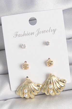 Pirinç Gold Renk Zirkon Taşlı İnci Detaylı Deniz Kabuğu Model 3 Çift Kadın Küpe Seti SL11874