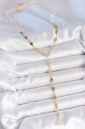 Gold Karışık Renk Zirkon Taşlı Y Pirinç Kolye SL11895