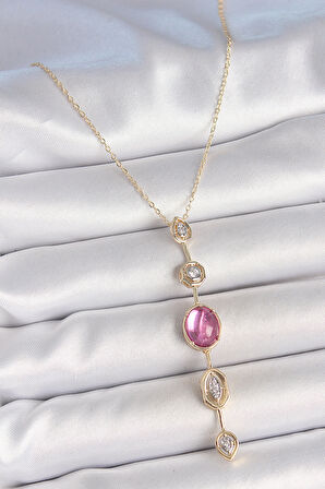 Pirinç Zincir Gold Renk Pembe Zirkon Taşlı Y Kolye SL11904