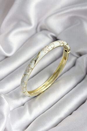 Mineli Pirinç Kırık Beyaz Çiçek Desenli Zirkon Taşlı Gold Renk Kadın Kelepçe (çap 60 mm) SL11937