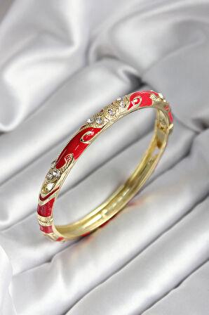Mineli Pirinç Kırmızı Çiçek Desenli Zirkon Taşlı Gold Renk Kadın Kelepçe SL11953