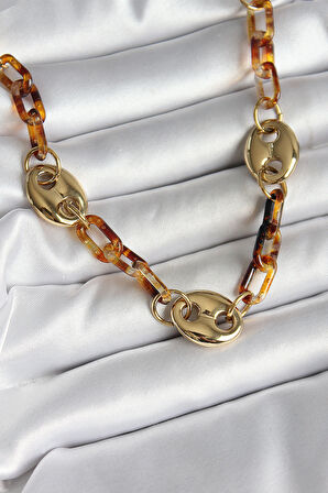 Leopar Desenli Mika Gold Renk Zincir Kadın Kolye SL11979