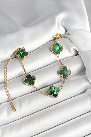 316L Çelik Sedefli Zümrüt Yeşil Gold Renk Yonca Kadın Bileklik SL11982