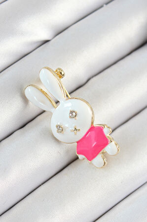 Zirkon Taş Detaylı Gold Beyaz Ve Pembe 3D Tavşan Figürlü Kadın Broş SL12061