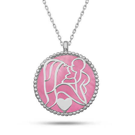 Gümüş Pembe Sedef Taşlı Anne Çocuk Sevgisi Kolye SL12082