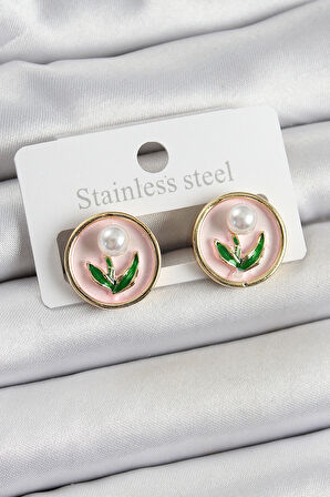 Pirinç Pembe Mineli Lale Figürlü Sanatsal Portre Model Gold Renk Kadın Küpe SL12216