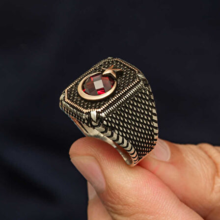 Gümüş Kırmızı Taşlı Ay Yıldız Erkek Yüzük SL12272