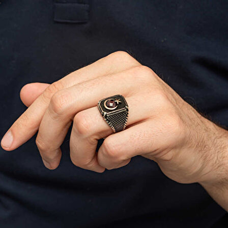 Gümüş Kırmızı Taşlı Ay Yıldız Erkek Yüzük SL12272