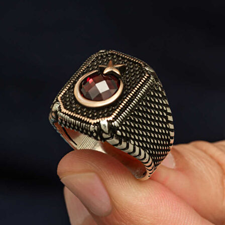 Gümüş Kırmızı Taşlı Ay Yıldız Erkek Yüzük SL12272