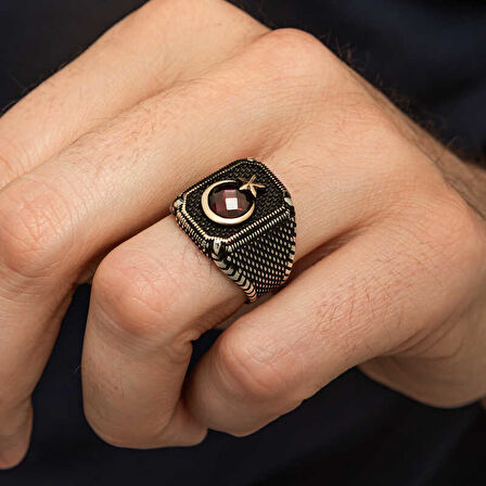 Gümüş Kırmızı Taşlı Ay Yıldız Erkek Yüzük SL12272