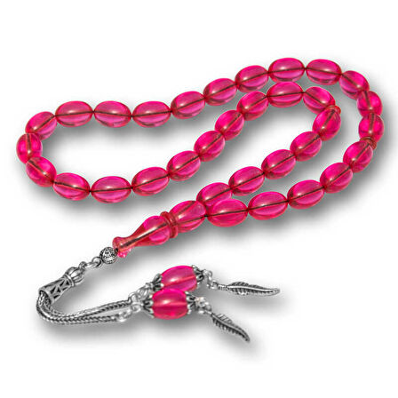 Gümüş Püsküllü Pembe Ateş Kehribar Tesbih SL12273