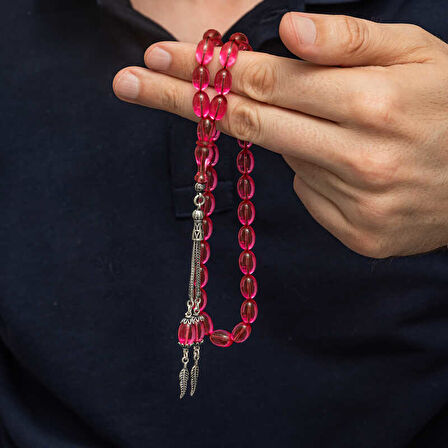 Gümüş Püsküllü Pembe Ateş Kehribar Tesbih SL12273