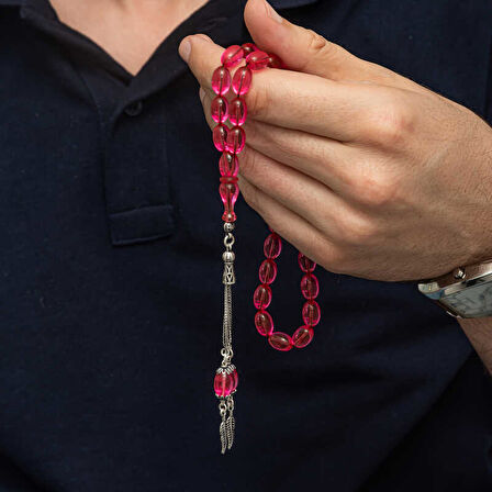 Gümüş Püsküllü Pembe Ateş Kehribar Tesbih SL12273