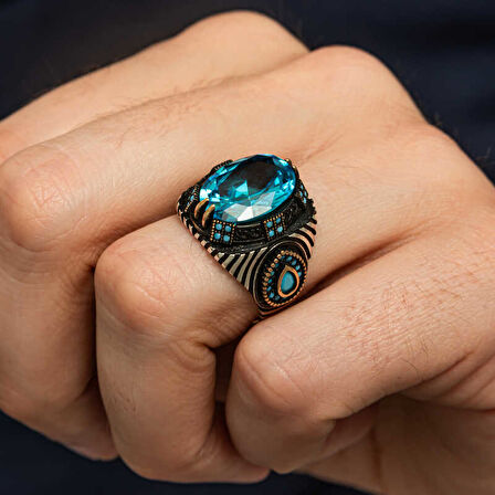 Gümüş Mavi Fasetli Taşlı Erkek Yüzük SL12416