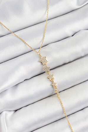 Pirinç Zirkon Taşlı Sıralı Yıldız Figürlü Y Model Gold Renk Kadın Kolye SL12562