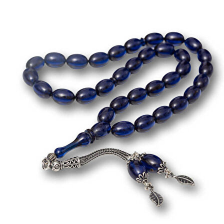 Gümüş Püsküllü Lacivert Sıkma Kehribar Tesbih SL12593