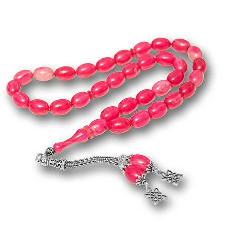 Gümüş Püsküllü Pembe Sıkma Kehribar Tesbih SL12596