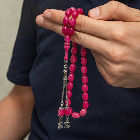 Gümüş Püsküllü Pembe Sıkma Kehribar Tesbih SL12596