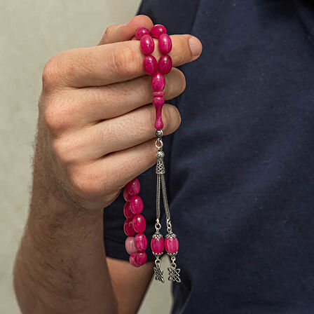Gümüş Püsküllü Pembe Sıkma Kehribar Tesbih SL12596