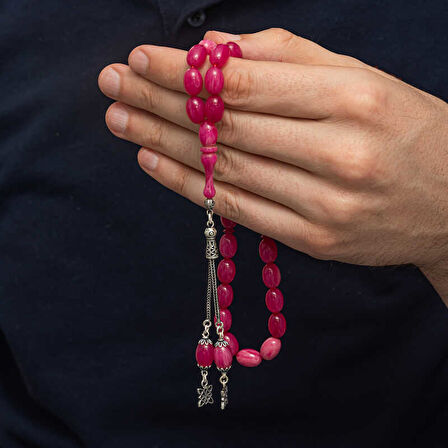 Gümüş Püsküllü Pembe Sıkma Kehribar Tesbih SL12596